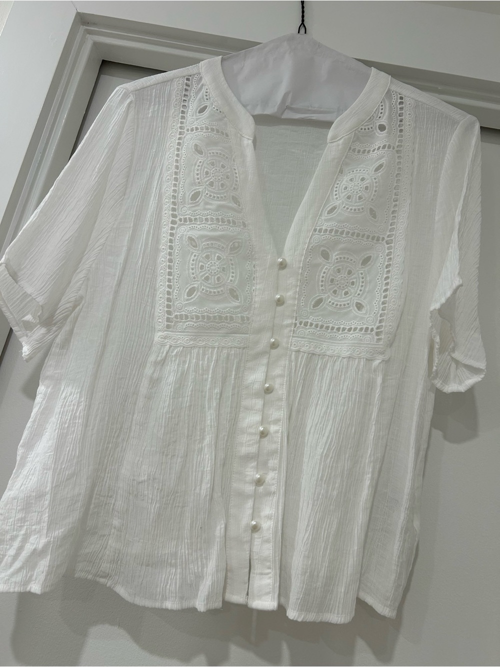 Elegant White Lace-Panel Button Front Blouse